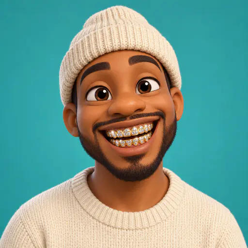 A fictional adult character in a cream knit hat beams with an open mouth to show matching gem set grills over the upper and lower front teeth in a sculpted 3D illustration.