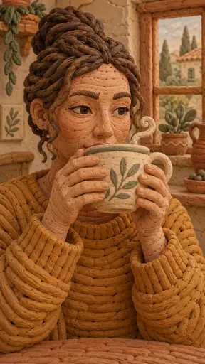 A fictional adult clay figure in an ochre sweater raises a wide ceramic cup to the lips with both hands in a coil built clay sculpture with a curl of steam and a tiled shelf.