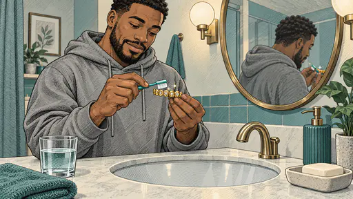 A fictional adult man in a grey hoodie gently brushes a gem set dental grill with a soft toothbrush at a bathroom sink in a cartoon drawn with curved hatch lines.