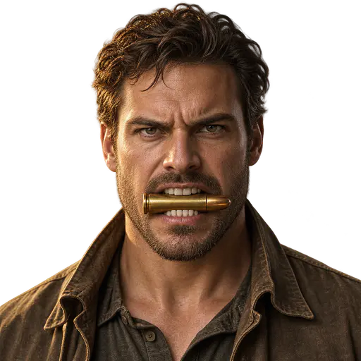 Biting the bullet: tight square studio portrait of an adult clenching an oversized brass bullet prop horizontally between the front teeth, jaw tensed and eyes steady, isolated on transparency.