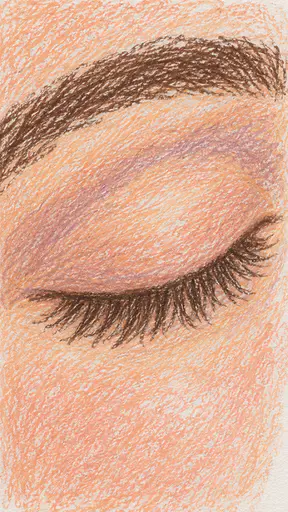 One adult closed eye is drawn in wax crayon with a gently curved eyelid, a soft crease, long lashes resting along the lid edge and a calm arched brow in peach and lilac.
