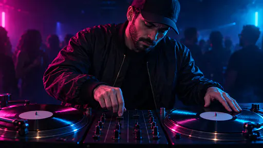 A fictional adult DJ in a bomber jacket and cap mixes between two turntables with a hand on the fader under magenta and cyan light in a dim club.