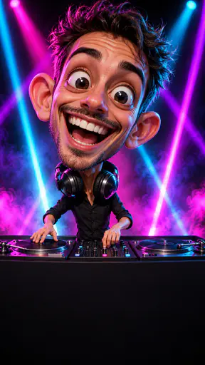 A fictional adult DJ with an oversized head and big headphones mixes on two plain turntables and a small mixer in a hyperreal 3D caricature with coloured beams and haze.