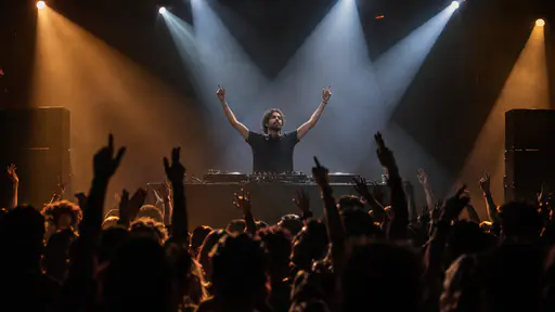 A fictional adult DJ raises both arms behind a plain turntable and mixer before a crowd of dancing adults with raised hands under crossing stage beams and haze.