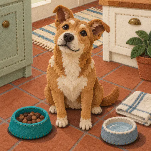 An adult dog with a caramel coat sits beside a plain round teal food bowl and a water bowl on a kitchen floor in cut felt with stitched edges.