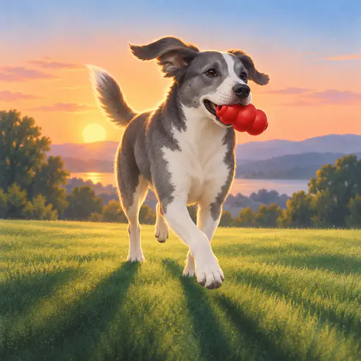 An adult dog with a grey and white coat trots across a lawn carrying a bright red rubber toy with ears flying back under a low peach sun.