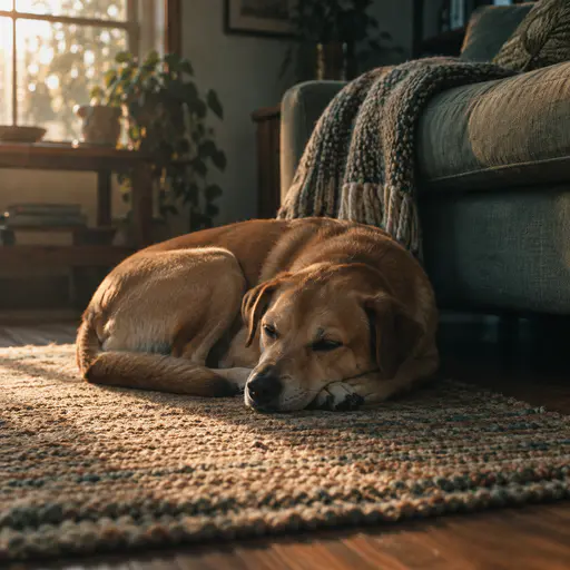 An adult dog with a short tan coat rests curled on a woven rug beside a sofa with its chin on its paws in warm low window light.