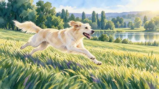 An adult dog with a cream coat runs at full speed across a wide park meadow with streaming ears and a line of trees and a pond behind in watercolor.