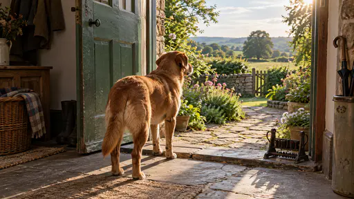 An adult dog with a golden-brown coat stands in an open green farmhouse doorway looking out toward a garden path in warm late afternoon sun.