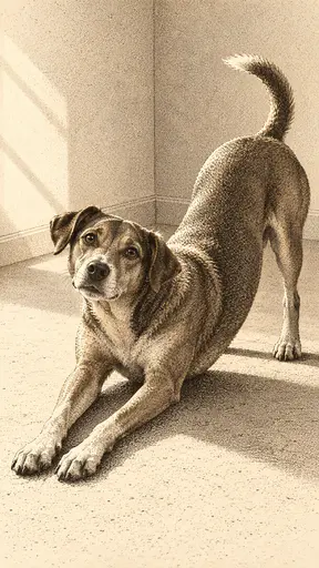 An adult dog with a smooth short coat stretches in a play bow on a bare floor with its haunches raised and a long cast shadow in sepia dot engraving.