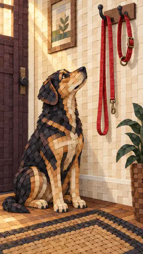 An adult dog with a black and tan coat sits beside a wall hook holding a red leash and a collar in an entry hall in woven paper strips.