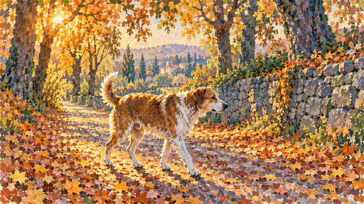 An adult dog with a brown and white coat walks along a leaf-strewn autumn lane under arching trees in separate warm and cool color patches.