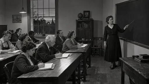 About eight adult students of mixed ages sit at long wooden desks copying notes while a woman at the front points to a blank blackboard in a black and white orthochromatic documentary photograph.