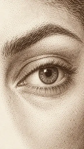 One open adult eye with an upper lid fold, lashes, an arched brow with individual hair direction and the soft skin of the temple is drawn in engraved dots and flicks.