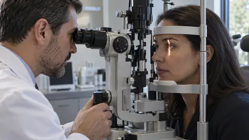 A fictional adult patient rests their chin on a slit lamp as a clinician in a white coat adjusts the narrow slit of light across the eye in a quiet clinic room.