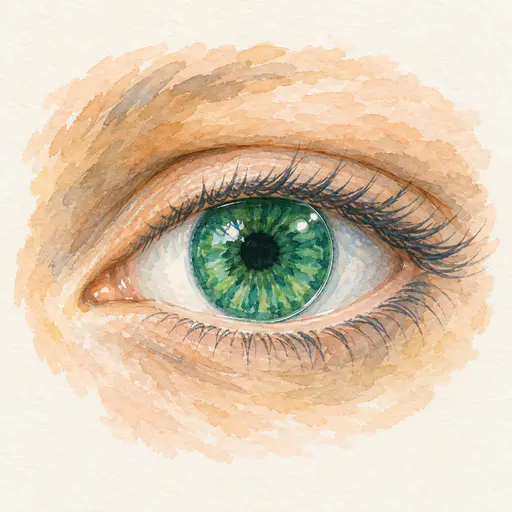 One adult eye shows a thin clear contact lens as a faint circular edge over a bright green iris with soft lashes and a tiny sparkle at the lens rim in clear ink dabs.