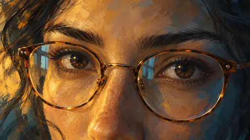 A fictional adult face is cropped from brow to cheekbone with both eyes looking calmly through thin round tortoiseshell eyeglasses with soft window reflections in an amber and blue painting.