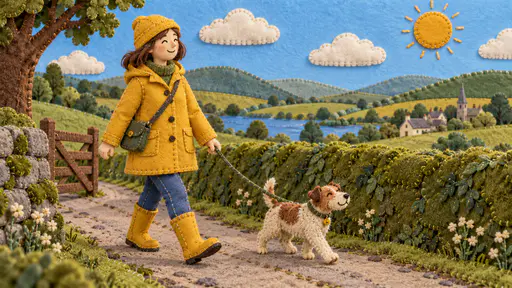 A fictional adult felt figure in a yellow raincoat walks a small felt dog down a country lane beside a felt hedge in a scene of blanket stitched felt panels.