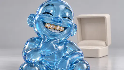 A fictional adult toy figure smiles broadly with a plain gem set grill covering the upper front teeth in a glossy translucent 3D render with refraction and prisms.