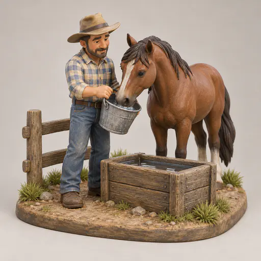 A fully clothed adult figurine in a checked shirt and a hat holds a bucket of water to a brown horse drinking at a wooden trough with a short fence on a grass base.