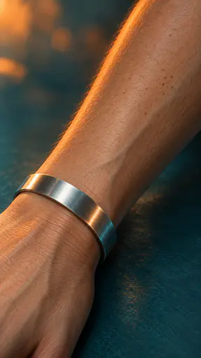 A fictional adult bare forearm lies diagonally on a teal surface in a painterly orange and teal illustration showing fine hair, a pale vein, freckles and a metal bangle.