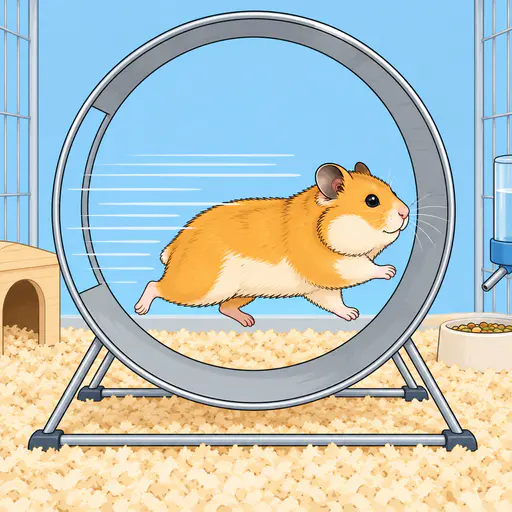 A fully grown golden Syrian hamster runs at full speed on an open exercise wheel in a comic drawing with long parallel speed lines streaming behind its body.