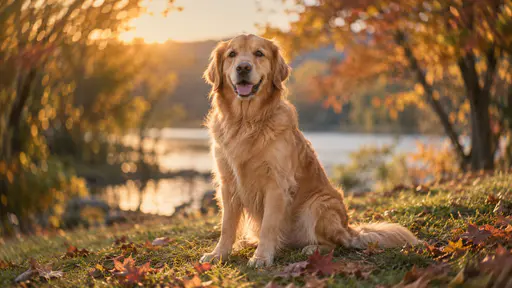 A fully grown golden retriever sits upright on a grassy bank among fallen autumn leaves in a fine art photograph with a vintage lens swirl of bokeh behind it.