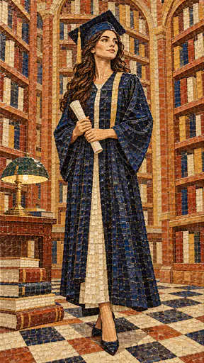 A fictional adult woman in a dark gown holds a rolled blank certificate in front of a tall wall of bookshelves with a checked floor, a desk lamp and a stack of blank books in a ceramic tessera mosaic.