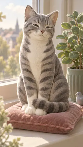 A fully grown grey tabby cat with white paws sits upright on a small cushion beside a sunny window sill as a molded toy covered in short dense velvety flock.