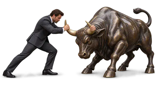 Taking the bull by the horns: a suited adult faces a sculpted bronze bull head-on and grips one horn in each hand, feet planted, both figures grounded on transparency.