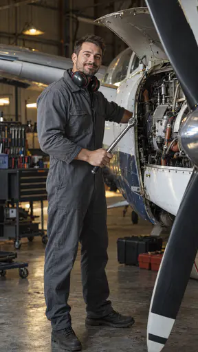 A fictional adult man ground crew technician in a grey coverall holds a torque wrench beside the open engine panel of a plain propeller aircraft in a dim hangar.