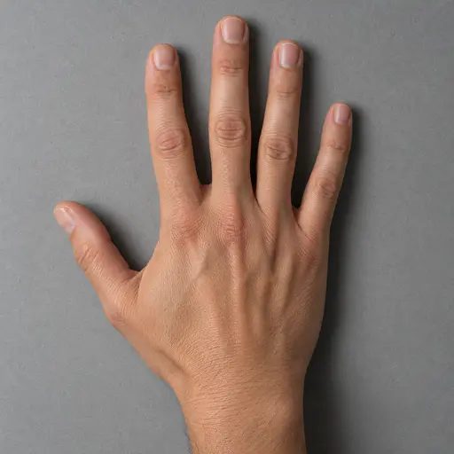 One adult hand with fine skin lines and short clean nails resting palm down in a relaxed spread on seamless grey paper, seen from above, side light from the left.