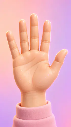 A fictional adult hand is raised open in a friendly wave with spread fingers in a glossy claylike 3D render against a seamless peach and lilac gradient backdrop.