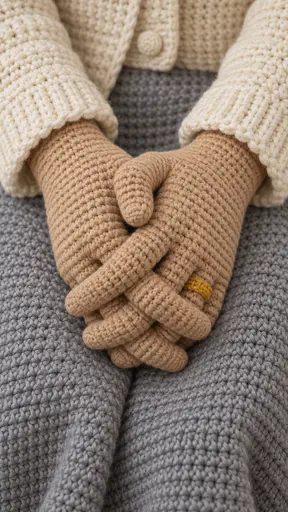 Two fictional adult hands fold together with interlaced fingers on a soft grey lap in a small stuffed crochet figure with tight stitch rows and a tiny yarn ring.