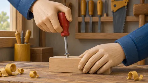 Two fictional adult hands turn a wooden handled screwdriver and steady a small block on a workbench in a turned wood painted toy scene with shavings and a tool rack.