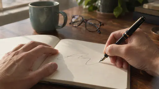 A fictional adult right hand writes a loose abstract line on a cream notepad with a black fountain pen while the left hand steadies the page in an analog film photograph.
