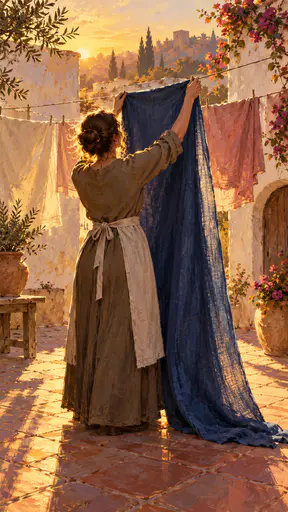 A fully clothed adult in a linen apron holds up a long plain indigo cloth at a washing line in a sunlit courtyard beside cream and rose cloths in golden light.