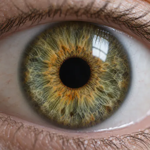 A healthy adult hazel green iris is shown in extreme close up with radial fibres, a golden ring around a round pupil, fine lashes and a soft window reflection in a macro photograph.
