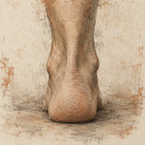 A fictional adult bare heel and ankle seen from behind is drawn in rubbed transfer tone with thick dry skin, fine cracked lines and the Achilles tendon in sand and rust.