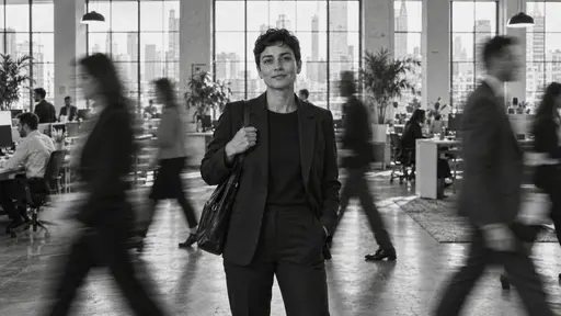 A fictional adult with short cropped hair in a tailored blazer stands calmly while colleagues pass in motion blur in a black and white documentary photograph of an open office.