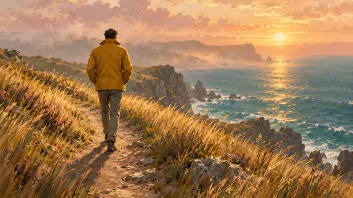 A fully clothed adult in a mustard waxed jacket, seen from behind, walks a coastal path above the sea toward a hazy headland at golden hour.