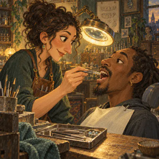 A fictional adult woman jeweler in a leather apron holds a gem set dental grill with tweezers toward an adult client in a small workshop in a painterly storybook caricature.