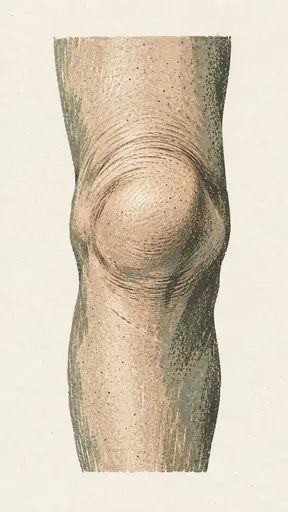 A fictional adult bent knee is shown in an olive grey relief print on cream paper with carved hatching, fine creases above the joint, a faint scar and small freckles.