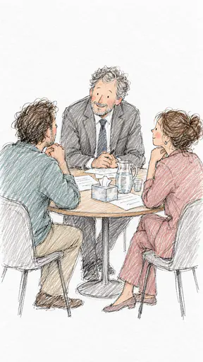 A fictional adult man lawyer in a grey suit leans forward to listen to two adult clients at a small meeting table in a loose pen doodle with light pencil washes.