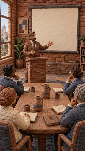 A fictional adult man lawyer in a clay brown suit presents from a lectern toward a blank screen to four adult colleagues at a long table in a coil built clay scene.