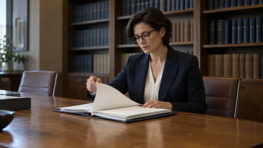 A fictional adult woman lawyer in a navy suit and glasses turns the page of a thick file at a long oak table with shelves of plain bound books softly behind her.