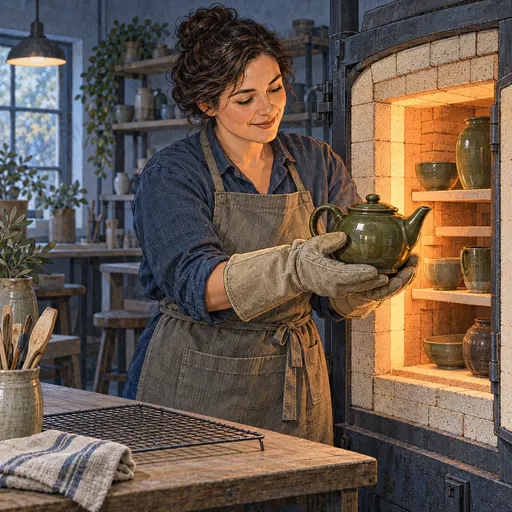 A fully clothed adult in an apron and heat gloves lifts a freshly fired glazed teapot out of an open kiln beside shelves of plain glazed pieces and a cooling rack.