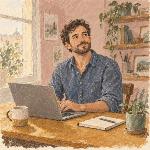 A fictional adult man with a short beard in a slate blue shirt types at a wooden desk by a window with a mug, a small plant and a notebook in loose graphite and gouache.