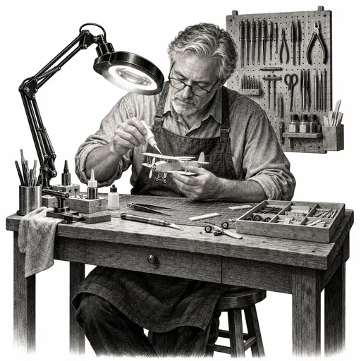 A fictional adult man with grey hair and glasses in an apron glues a tiny balsa model aeroplane at a workbench with a magnifying lamp, tweezers and fine tools in black and grey ink.