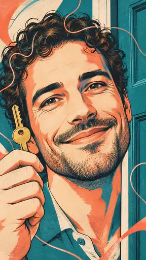 A fictional adult man with short curly hair smiles with a brass house key held up beside his cheek in front of a teal door in a tight poster portrait of swirl lines and flat colour blocks.
